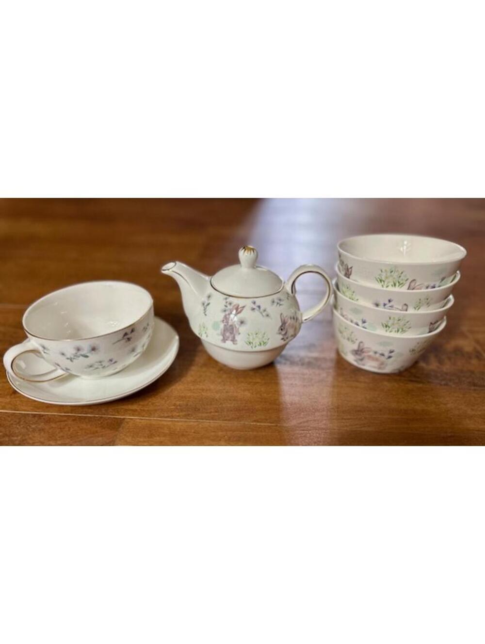 Ceramic Tea Set with Bunny and Floral Design - Teapot, Cup and Saucer, 4 Bowls